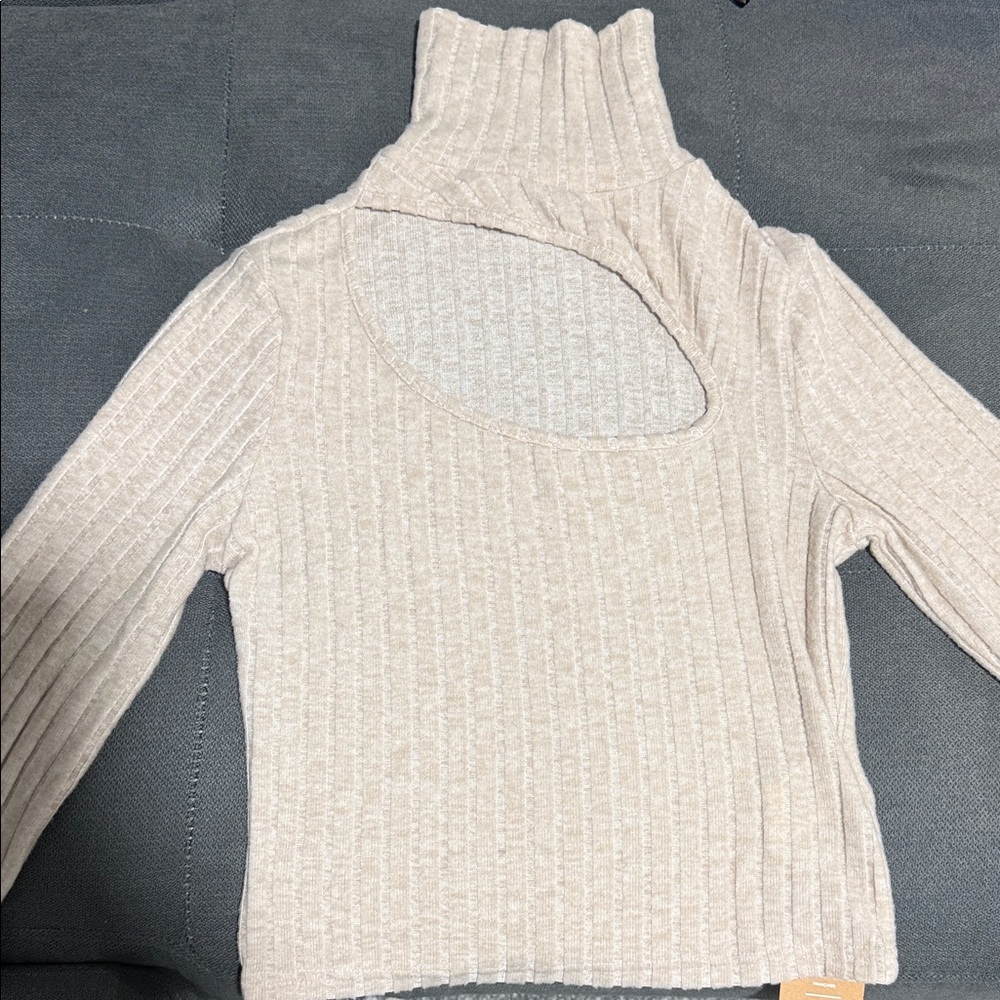 SHEIN Cream Ribbed Cutout Turtleneck Sweater